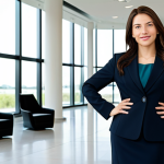 **

"A professional woman in a modest, dark business suit, standing confidently in a modern office building lobby, fully clothed, appropriate attire, safe for work, perfect anatomy, correct proportions, natural pose, professional photography, high quality, family-friendly, natural lighting, neutral background."

**