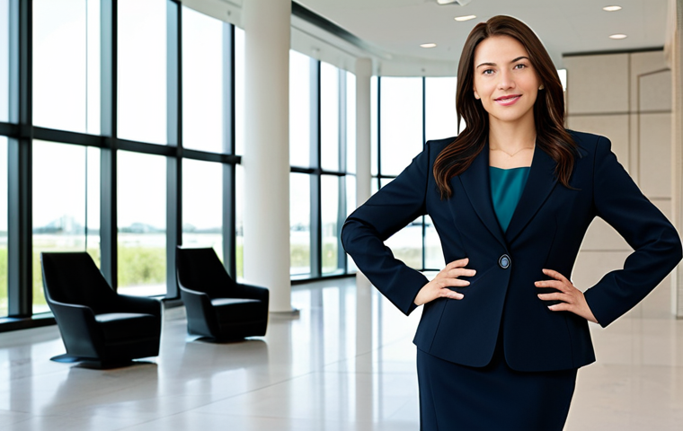 **
"A professional woman in a modest, dark business suit, standing confidently in a modern office building lobby, fully clothed, appropriate attire, safe for work, perfect anatomy, correct proportions, natural pose, professional photography, high quality, family-friendly, natural lighting, neutral background."
**