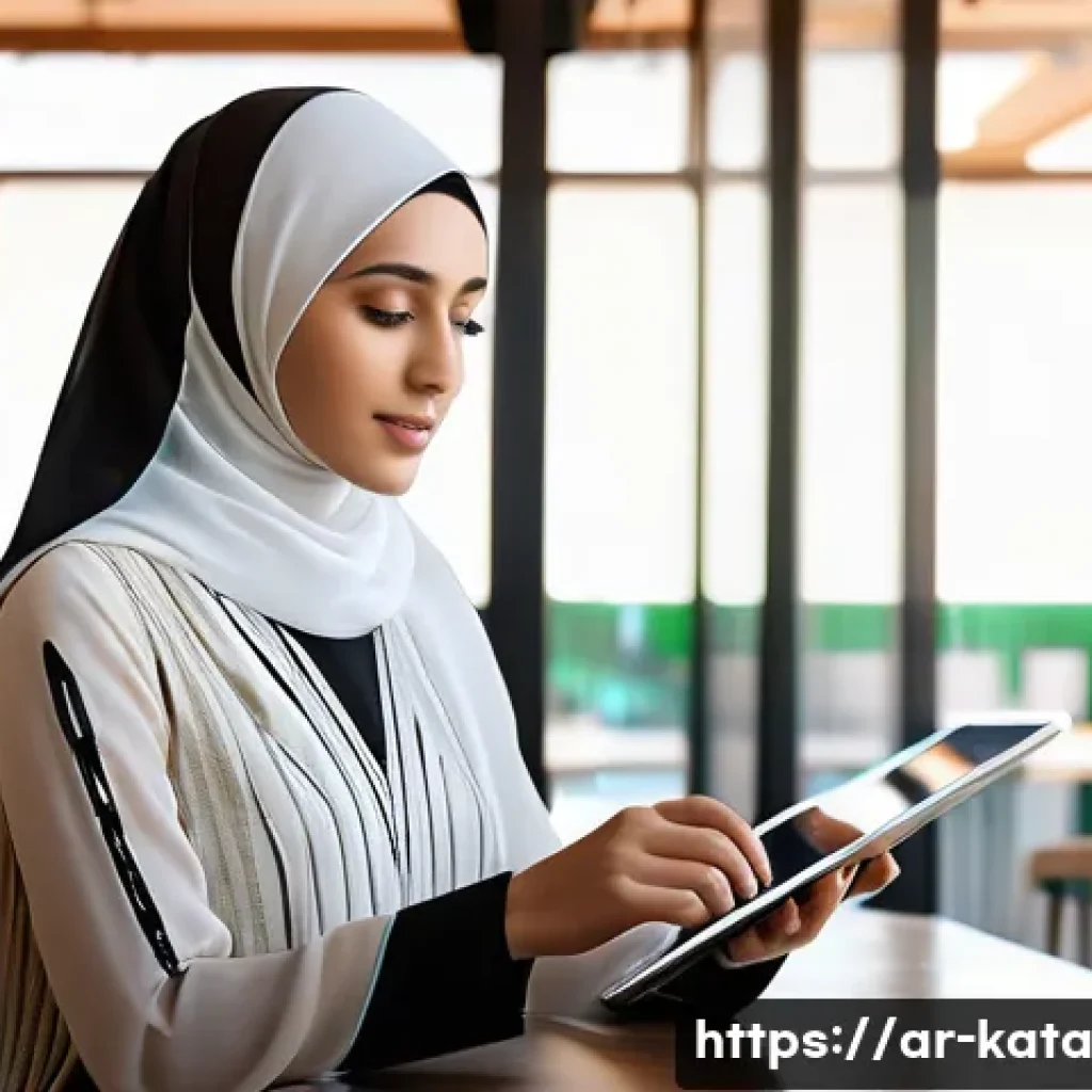 데이터 주권과 글로벌 정보 공유 - **Prompt:** A young, elegantly dressed Arab woman (wearing a modest, contemporary abaya and hijab) i...