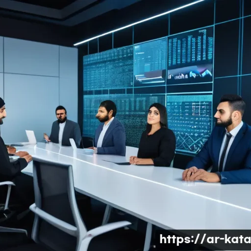 데이터 주권과 데이터 마이닝의 윤리 - A modern digital Middle Eastern office scene showing a diverse group of Arabic professionals discuss...