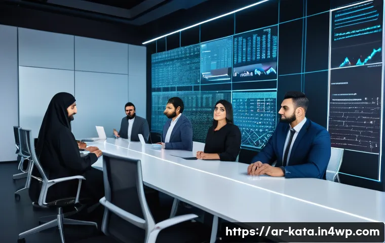 데이터 주권과 데이터 마이닝의 윤리 - A modern digital Middle Eastern office scene showing a diverse group of Arabic professionals discuss...