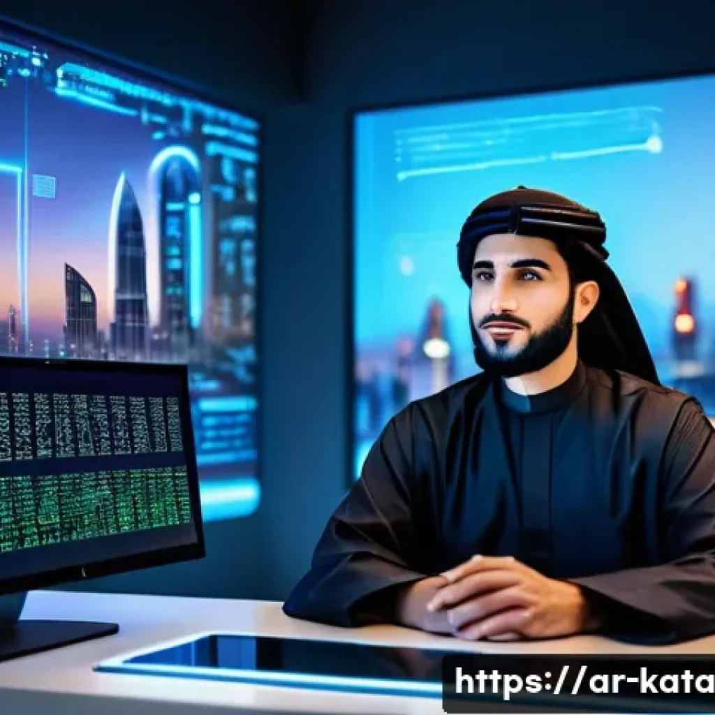 데이터 주권과 정부 규제 강화 - A modern Middle Eastern digital workspace scene featuring a young Arab man in traditional attire (th...