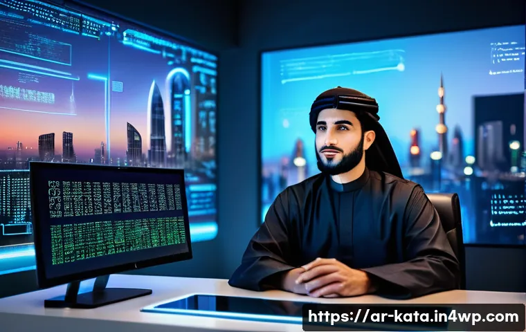 데이터 주권과 정부 규제 강화 - A modern Middle Eastern digital workspace scene featuring a young Arab man in traditional attire (th...