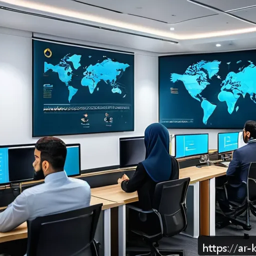 데이터 주권을 위한 기업의 내부 정책 - A modern office environment in a Middle Eastern company with diverse Arabic-speaking employees engag...
