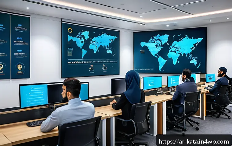 데이터 주권을 위한 기업의 내부 정책 - A modern office environment in a Middle Eastern company with diverse Arabic-speaking employees engag...