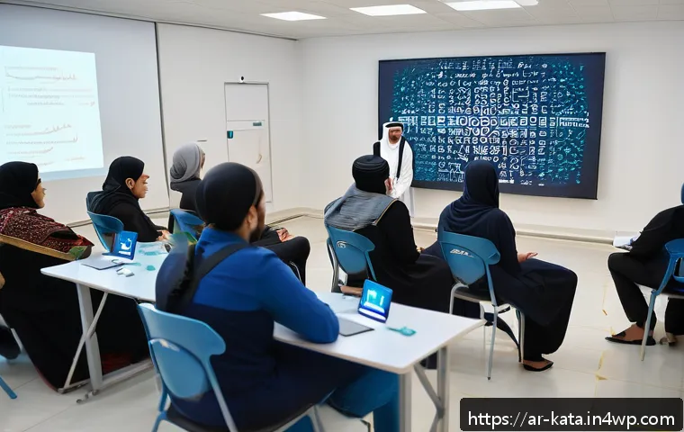 데이터 주권과 사회적 책임 - A detailed digital awareness workshop scene in a modern Middle Eastern community center, featuring d...