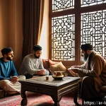 데이터 주권과 디지털 권리 - A modern Middle Eastern family gathered around a laptop in a cozy living room decorated with traditi...
