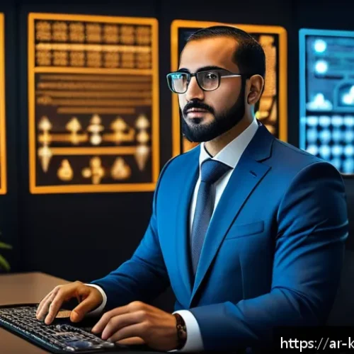 데이터 주권과 AI 데이터 활용 - A modern Middle Eastern digital security expert in a stylish office setting, focused on a transparen...
