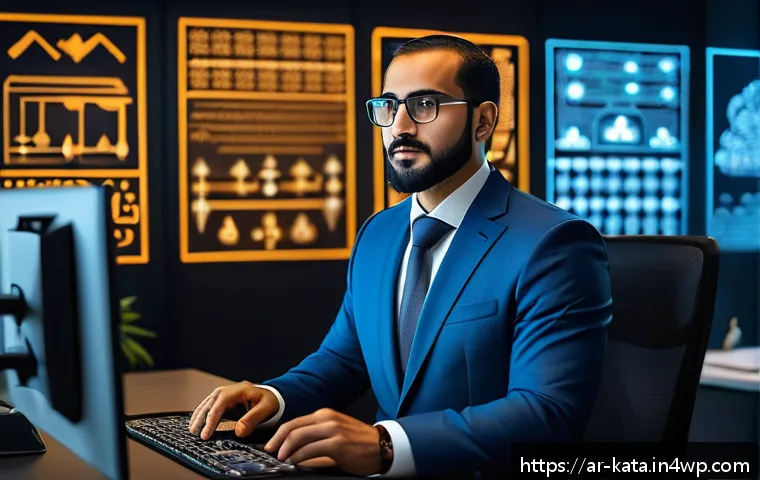 데이터 주권과 AI 데이터 활용 - A modern Middle Eastern digital security expert in a stylish office setting, focused on a transparen...
