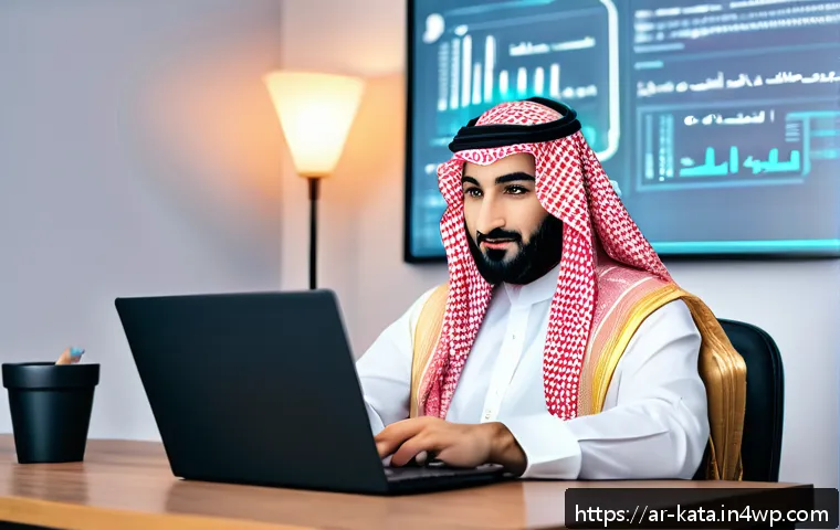 데이터 주권과 개인정보 처리 방침 - A professional Middle Eastern man sitting at a modern desk in a cozy home office, focused on a sleek...